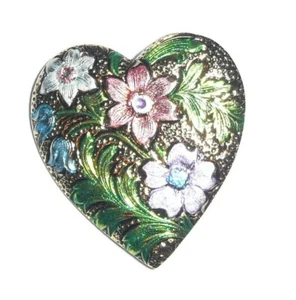 Pretty Heart Shaped w/ Flowers Metal Shank Button - Flowers / Heart Metal Button - Picture 1 of 5