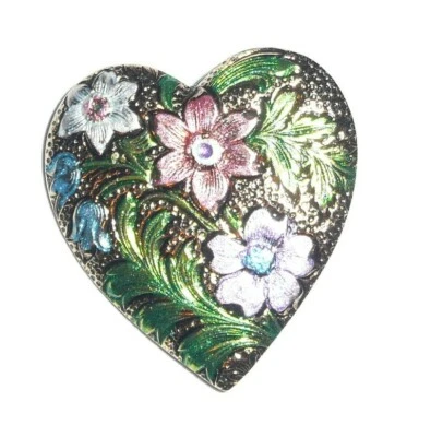 Pretty Heart Shaped w/ Flowers Metal Shank Button - Flowers / Heart Metal Button - Image 1 of 4