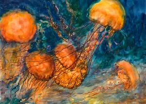 STUNNING! Jellyfish - LINDA HENRY Original Watercolor Painting FINE ART 22"x30" - Picture 1 of 3