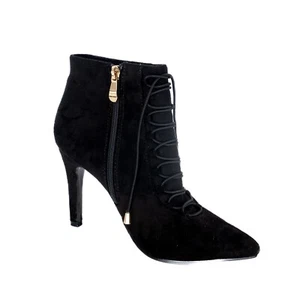 Forever Black High Heel Ankle Boots Size 7 Lace Up Zip Up Suede Pointed Toe - Picture 1 of 8