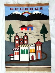 Woven Wool Tapestry Ecuador Wall Hanging Rug Church Rainbow Mountains 25x39 - Picture 1 of 9