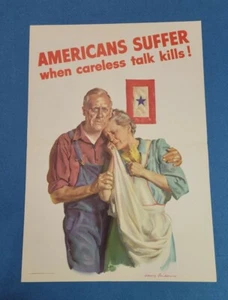 Póster original de la Segunda Guerra Mundial 1943 ¡Los estadounidenses sufren cuando las conversaciones descuidadas mata! - Imagen 1 de 11