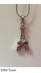 Eiffel Tower Pendant Necklace 18" Chain Clear and Pink Crystals - Picture 1 of 1