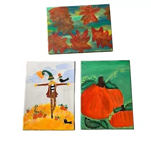Juego de 3 pinturas originales tema otoño calabaza espantapájaros hojas 9x12 arte en lienzo - Imagen 1 de 6