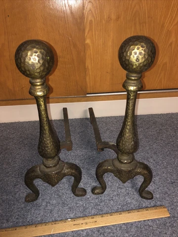 Vintage Antique Cast Iron Hammered Fireplace Andirons Cover