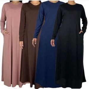 Womens Plain Abaya Black with Pockets New Burkha  Jilbab Long Jersey Maxi Dress - Picture 1 of 28