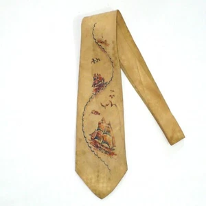 ca. 1940 Sail Into Style Hand Painted Rayon Necktie Features Fully Rigged Ships - Picture 1 of 3