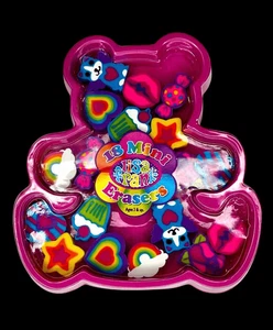 New Vintage Y2K Lisa Frank 18 Mini Erasers Pink Teddy Bear Case Unused - Imagen 1 de 5