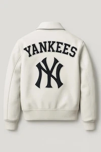 Chaqueta universitaria de cuero blanca de los Yankees: bombardero de béisbol retro - Imagen 1 de 3