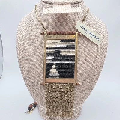 New! LUCKY BRAND Necklace Reversible Boho Style Seed Bead Gold Chain Fringe - Image 1 of 4