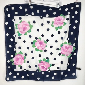 Liz Sinclair Womens Square Scarf White Navy Blue Polka Dots Pink Floral Italy - Picture 1 of 7