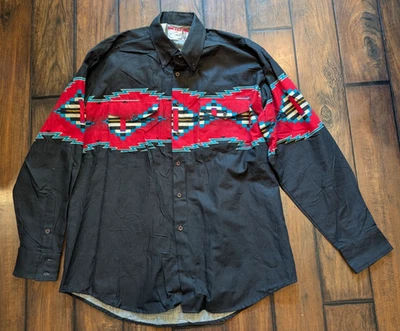 Camisa masculina vintage Pure Country L preta vermelha botão frontal cowboy asteca sudoeste - Imagem 1 de 4