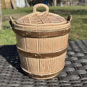 Vintage Barrel Basket Bucket McCoy Ceramic Cookie Jar Tan Brown 9.5” Handled - Picture 1 of 7