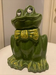 Vintage Mid Century Frog Cookie Jar With Bowtie Frog Green 11" Tall - Picture 1 of 13