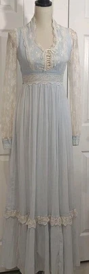 Gunne Sax S Francisco Powder Blue Gauze Ivory Lace Cottage Princess Dress Sz 9 - Image 1 of 4