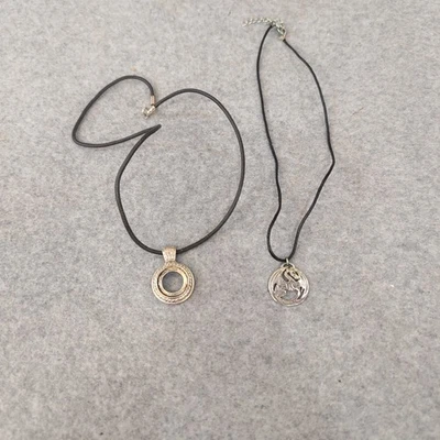 Set Of 2 Silver Tone Pendant Necklaces With Dragon And Circle Charm Black Cords - Image 1 of 3