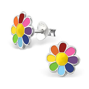 925 Sterling Silver Rainbow Daisy Flower Kids Girls Women Stud Earrings Gift