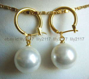Genuine 16mm white south sea round shell pearl gold plated dangle earrings AAA