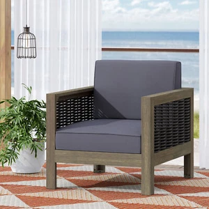 Patio Acacia Wood Club Chair Armchair All-Weather Outdoor Furniture with Cushion - Picture 1 of 12