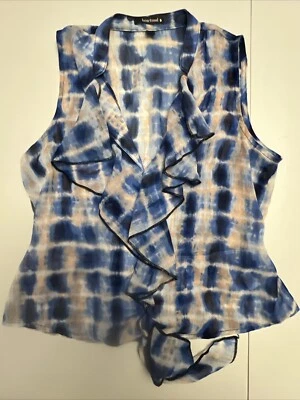 Heart Soul Top Women’s Medium Ruffles Sleeveless Sheer Blue Tan button up — 第 1/4 张图片