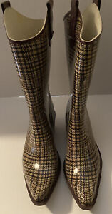 Bumper Womens Cowboy Style Rain Boots Houndstooth Cuban Heel Pull On size 10