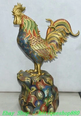 Estatua de gallo de pollo animal año zodiaco dorado esmalte cloisonne bronce antiguo 29"" Foto 1 de 4