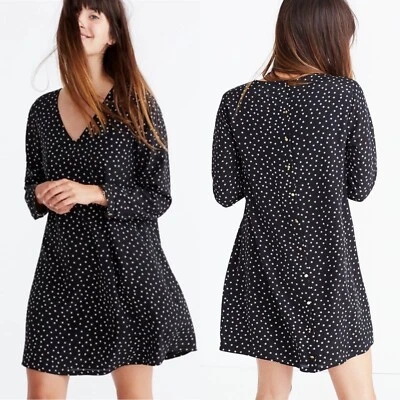 Madewell Silk Button-Back Shift Dress Womens S Black Star Scatter V-Neck - Image 1 of 4