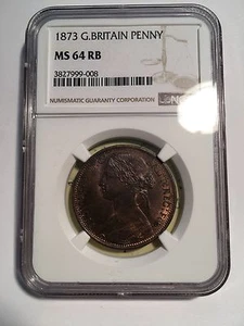 GREAT BRITAIN VICTORIA  1873 1 PENNY, CHOICE UNCIRCULATED,  CERTIFIED NGC MS64RB - Picture 1 of 4