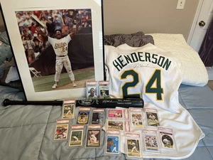 Rickey Henderson Autograph Pic Jersey Bat & Ball + 16 PSA Cards (3 Rookie #482) - Picture 1 of 22