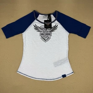 Camicia Harley Davidson donna PICCOLA bianca blu reglan nuova con etichetta moto 115 anni - Foto 1 di 14