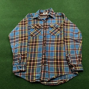 Vintage 60S 70S Flannel Mens L Blue Cotton Woven Plaid Long Sleeve Shirt USA - Picture 1 of 8