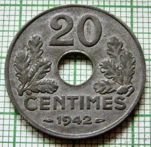 FRANCE VICHY FRENCH STATE 1942 20 CENTIMES, WWII COINAGE, ZINC High Grade - Picture 1 of 6
