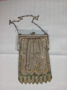 Bolso de Noche Vintage Whiting & Davis Co Plateado Amarillo Verde Malla Esmalte  - Imagen 1 de 6