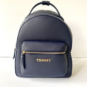 New TOMMY HILFIGER Cassie dome Backpack bag  Navy gold tone faux leather EUC
