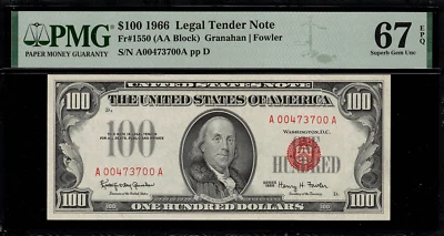 1966 $100 Legal Tender FR-1550 - Red Seal - PMG 67 EPQ - Superb Gem Uncirculated - Image 1 of 2