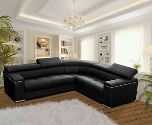 Corner Sofa SILVA 1 BLACK Faux Leather Storage Pull Out Bed LEFT or RIGHT
