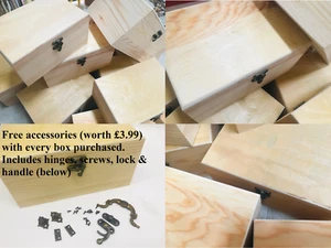 Plain Wooden Craft Box Storage Decoupage Hobby Treasure Chest +FREE ACCESSORIES - Picture 1 of 15