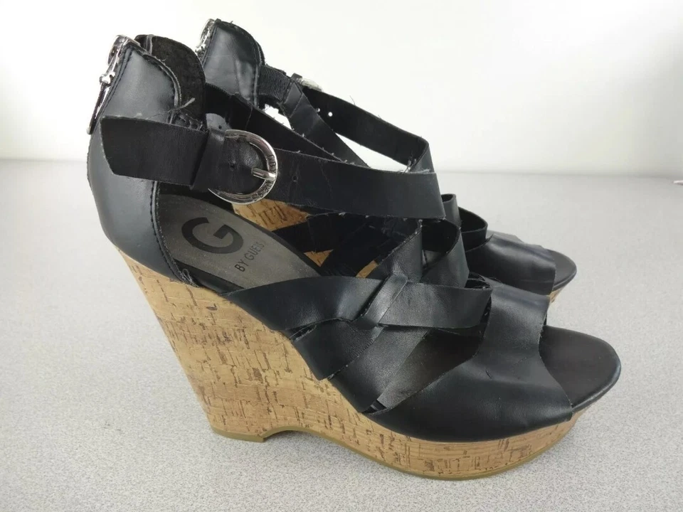 G by Guess Passage Strappy Cork Wedge Sandal Platform Heel Shoe Black Size 8.5 - Image 1 of 4