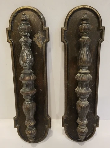 2 Large Vintage Brass/Bronze Door Handles Pull w 11" Plates Architectual Salvage Cover