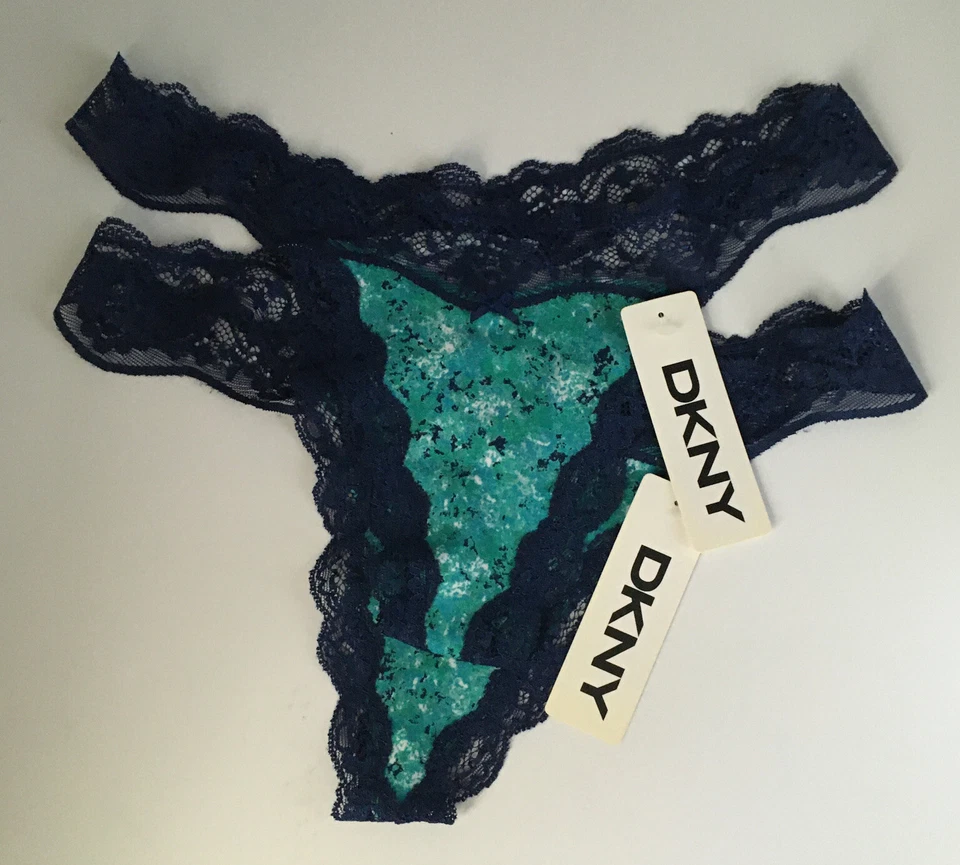 DKNY Womens Stretch Blue Multicolor Cotton Lace Thong Panties M (2 Pr) NWT AD12 - Image 1 of 1