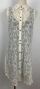 VOLCOM Shirt Dress Womens Cream Lace Collard Mini Dress Black Lined Size 12 / M - Picture 1 of 9