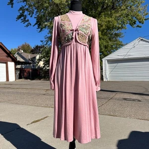 Vintage 70er rosa Midikleid Gr. 10 Stehkragen Gobelin Weste Cottagecore Prärie - Bild 1 von 15