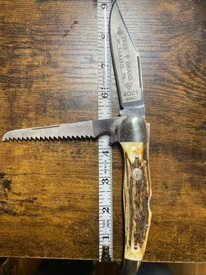 Boker 4021-440C Hunter Double Lockback Pocket Knife Clip Saw Blade Stag Handle - Image 1 of 4