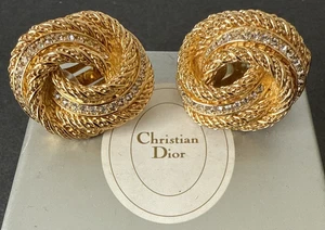 Stunning Vintage Christian Dior Rhinestone KNOT Gold Tone Clip On Earrings w/Box - Picture 1 of 13