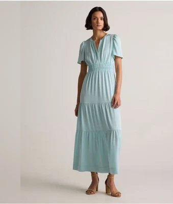 Quince NWT Women's Mulberry Aqua Pearl Stretch Silk Tiered Maxi Dress Medium - Image 1 of 4