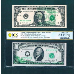 $1.00 1988A & $10.00 1950A FRN's w/Unique "TORN SHEET(B2F)" ERRORS~C-Below - Picture 1 of 1