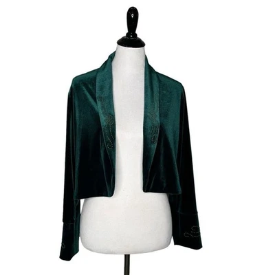 Coldwater Creek Velvet Cardigan Open Front Green Gold Studs Bolero Size M P - Image 1 of 4