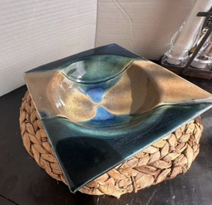 Vintage Clay Pottery Blue mix Decorative Square Plate Abstract Art Contemporary - Picture 1 of 16
