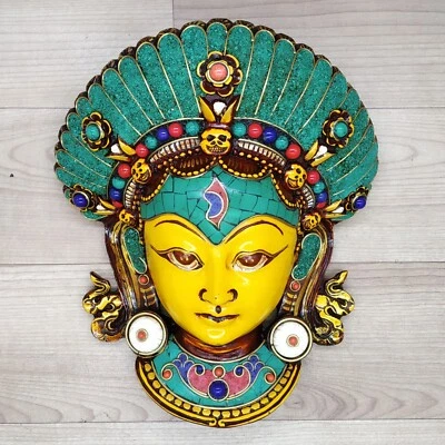 Kumari Girl Mask 9" Carving handmade Wall hanging Sculpture wall Décor Religious - Image 1 of 4