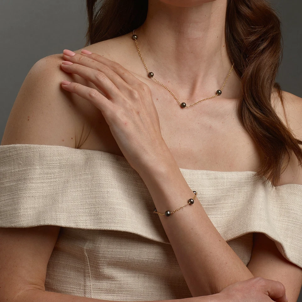 Pulsera de perlas Akoya negras para mujer joyería minimalista pulsera de eslabones de cadena Foto 1 de 4